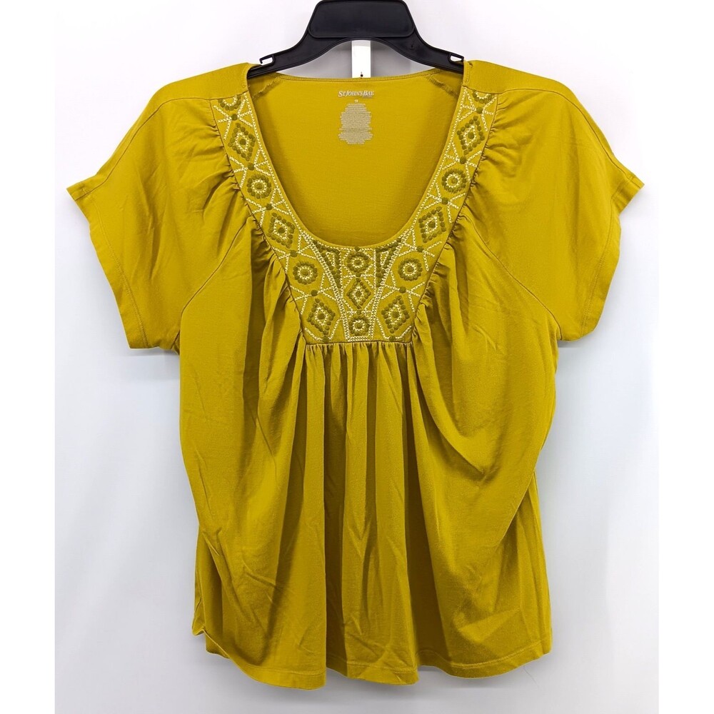 St Johns Bay Shirt Women Plus Size 1X Mustard Yellow Embroidered Scoop Neck Top